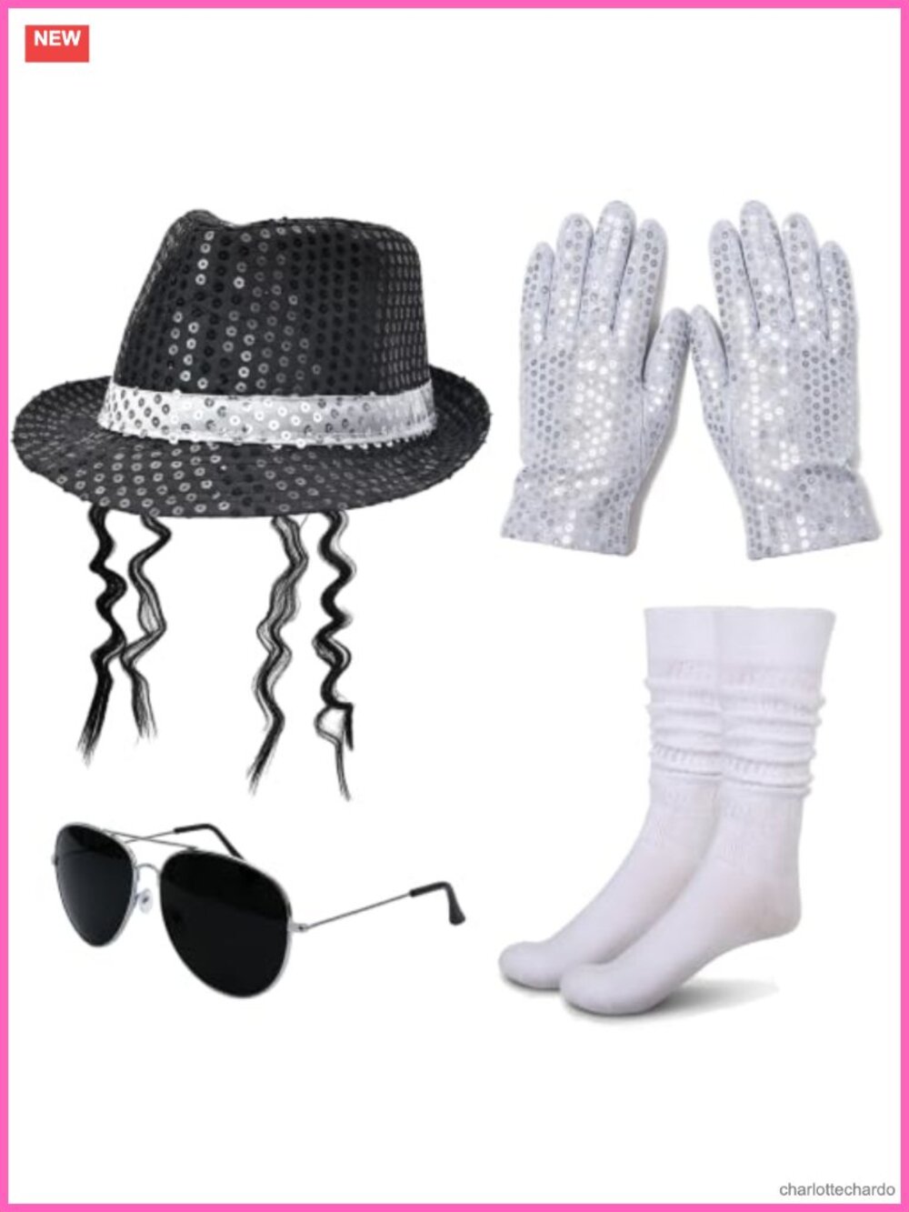 Disco Sequin Fedora Hat Gloves Stockings Sunglasses 4Pc Costume Set